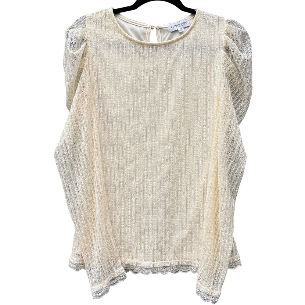 Luxology Womens Large Blouse Cream Lace Puff Sleeve Keyhole Back Romantic Top
